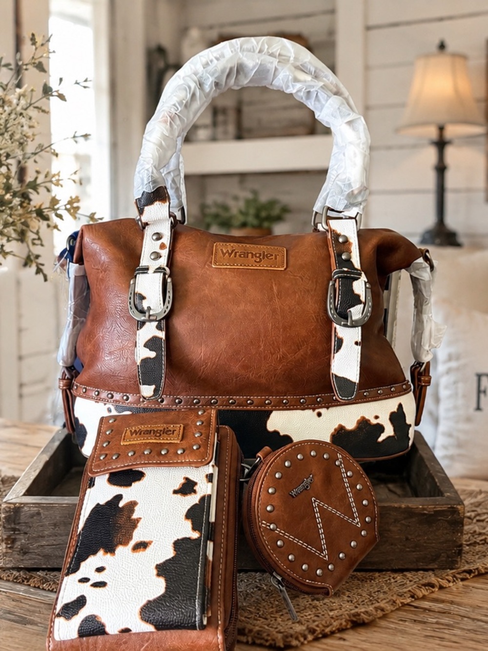 Wrangler 3 Piece Doctor Bag Set-Satchel, Cellphone, and Coin Purse in Brown Cow